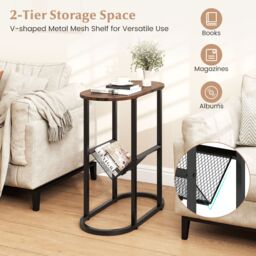 Costway 2PCS Narrow Side Table Modern Faux Marble End Table w/Magazine Holder in Brown - thumbnail 2