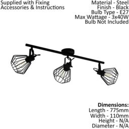 Loops Flush Ceiling Light 3 Spots Track Black Shade Open Wire Frame Bulb E27 3x40W - thumbnail 2