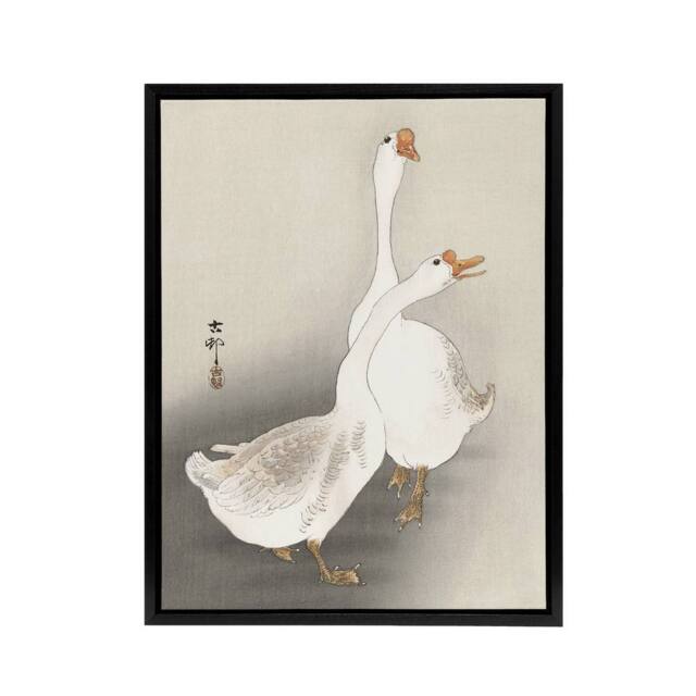 "Artery8 Two Geese Vintage Bird Ukiyo E Framed Canvas Wall Art Print Ohara Koson in Beige - Size: W12"" x H16""" - image 1