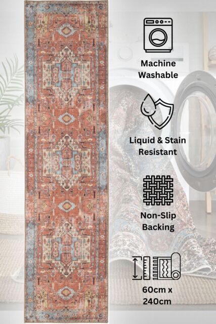 Kukoon Washable Runner Rug Beige Terracotta Long Hallway Carpet Mat 60cm x 240cm - Size: 60 cm x 240 cm - image 1
