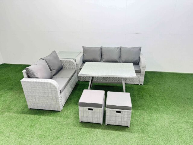 Fimous Rectangular Dining Table Sofa Set with 2 Small Stool Side Table in Light Grey - image 1