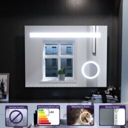 Nes Home Modern Rectangle Illuminated LED 800mm x 600mm Bathroom Mirror Demister in Silver - thumbnail 2
