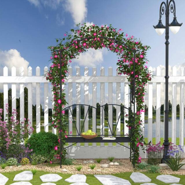 OUTSUNNY Garden Bench, Metal Garden Loveseat with Arch for Climbing Plants in Black - image 1