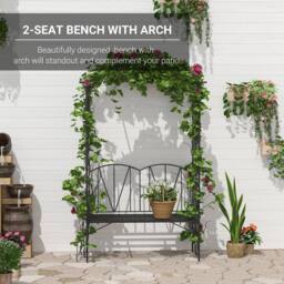 OUTSUNNY Garden Bench, Metal Garden Loveseat with Arch for Climbing Plants in Black - thumbnail 4