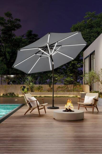 Garden Sanctuary 3m Solar Powered LED Outdoor Patio Umbrella with Floral-Pattern Base in Light Grey - image 1
