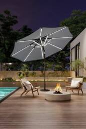 Garden Sanctuary 3m Solar Powered LED Outdoor Patio Umbrella with Floral-Pattern Base in Light Grey - thumbnail 1