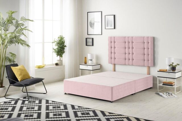Somnior Bliss Divan Bed Base with Headboard Plush Velvet in Pink - Size: Single - image 1