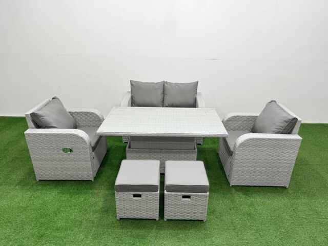 Fimous Light Grey PE Wicker Rattan Garden Furniture Set Sofa Set Reclining Chair Adjustable Lifting Dining or Coffee Table 6 Seater 2 Small Stools - image 1