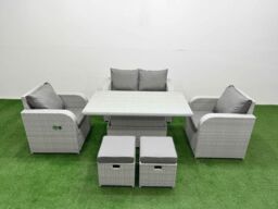 Fimous Light Grey PE Wicker Rattan Garden Furniture Set Sofa Set Reclining Chair Adjustable Lifting Dining or Coffee Table 6 Seater 2 Small Stools - thumbnail 1