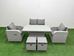 Fimous Light Grey PE Wicker Rattan Garden Furniture Set Sofa Set Reclining Chair Adjustable Lifting Dining or Coffee Table 6 Seater 2 Small Stools - thumbnail 2