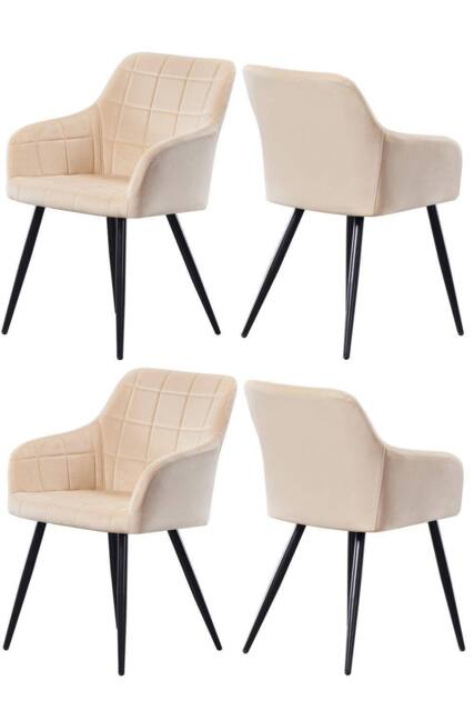 Life Interiors Set of 4 Camden Modern Velvet Dining Chairs with Armrests, Quilted Design & Black Metal Legs in Cream - image 1