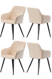 Life Interiors Set of 4 Camden Modern Velvet Dining Chairs with Armrests, Quilted Design & Black Metal Legs in Cream