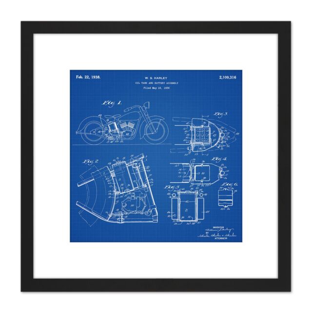 Artery8 Harley Motor Cycle Bike Oil Tank & Battery Assembly 1938 Patent Plan 8X8 Inch Square Wooden Framed Wall Art Print Picture with Mount in Black - image 1