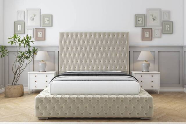"Sloomy Ambassador Plush Bed Frame With 50"" Upholstered Headboard in Cream - Size: Super King" - image 1