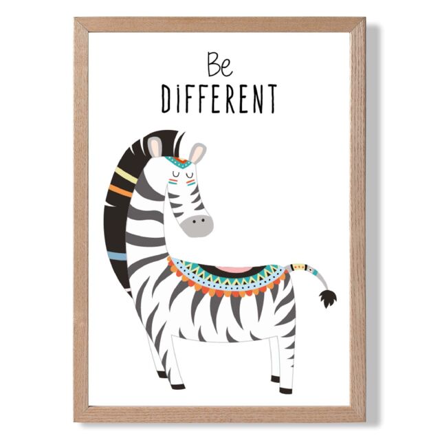 ARTZE Be Different Zebra Tribal Animal Quote Framed Print SIZE: A2 with Oak Frame in Grey - Size: A4 - image 1