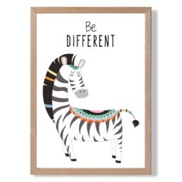 ARTZE Be Different Zebra Tribal Animal Quote Framed Print SIZE: A2 with Oak Frame in Grey - Size: A4