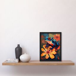 Artery8 Tropical Blue Frog On Orange Flower Striking Oil Painting Amazon Jungle Artwork Framed Wall Art Print A4 in Black - thumbnail 4