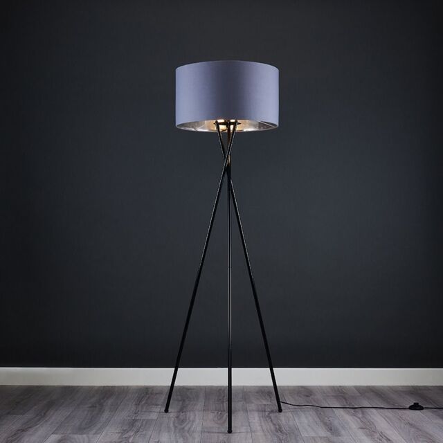 ValueLights Camden Black Metal Tripod Floor Lamp with Grey & Chrome Lamp Shade - image 1