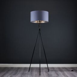ValueLights Camden Black Metal Tripod Floor Lamp with Grey & Chrome Lamp Shade