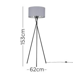 ValueLights Camden Black Metal Tripod Floor Lamp with Grey & Chrome Lamp Shade - thumbnail 7