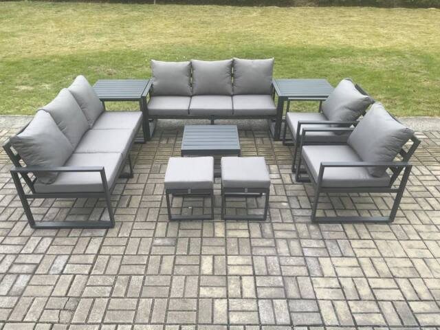 Fimous Aluminium Patio Outdoor Garden Furniture Lounge Sofa Set with Square Coffee Table 2 Chairs 2 Side Tables 2 Small Footstool Dark Grey - image 1