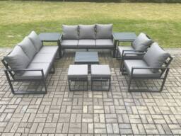 Fimous Aluminium Patio Outdoor Garden Furniture Lounge Sofa Set with Square Coffee Table 2 Chairs 2 Side Tables 2 Small Footstool Dark Grey - thumbnail 1