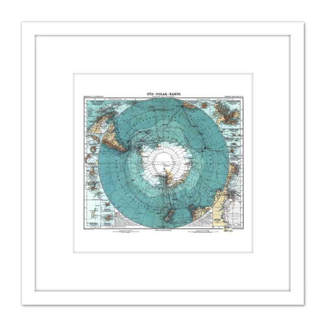 Artery8 Map Petermann Habenicht 1912 Antarctica German 8X8 Inch Square Wooden Framed Wall Art Print Picture with Mount in White - image 1