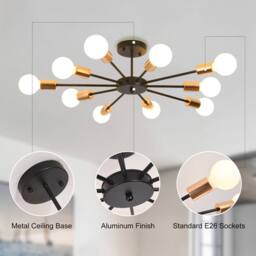 NIVOR 10 light Industrial Chandelier Mid Century Flush Mount Ceiling Light in Black - thumbnail 3