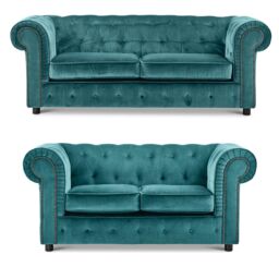 Furnishings For Less UK Ashbourne Chesterfield Velvet Fabric Sofa Suite 3 Seater & 2 Seater Studded Design in Teal - thumbnail 1