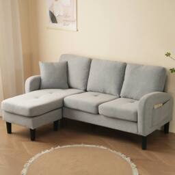 BTM L-Shaped 3-Seater Corner Sofa with Chaise Lounge, Cotton-Linen Fabric in Grey - Size: A - thumbnail 6