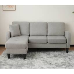 BTM L-Shaped 3-Seater Corner Sofa with Chaise Lounge, Cotton-Linen Fabric in Grey - Size: A - thumbnail 3