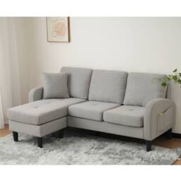 BTM L-Shaped 3-Seater Corner Sofa with Chaise Lounge, Cotton-Linen Fabric in Grey - Size: A - thumbnail 5