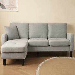 BTM L-Shaped 3-Seater Corner Sofa with Chaise Lounge, Cotton-Linen Fabric in Grey - Size: A - thumbnail 2