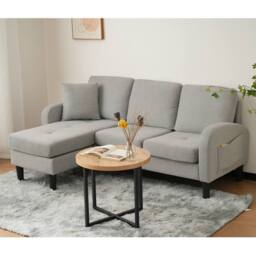 BTM L-Shaped 3-Seater Corner Sofa with Chaise Lounge, Cotton-Linen Fabric in Grey - Size: A - thumbnail 7