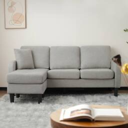 BTM L-Shaped 3-Seater Corner Sofa with Chaise Lounge, Cotton-Linen Fabric in Grey - Size: A - thumbnail 8
