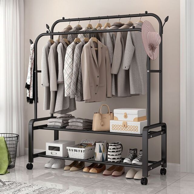 Living and Home 2-Rod Clothes Rack Garment Holder with Wheels & 2-tier Storage Shelf in Black - image 1