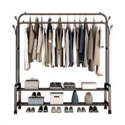Living and Home 2-Rod Clothes Rack Garment Holder with Wheels & 2-tier Storage Shelf in Black - thumbnail 8