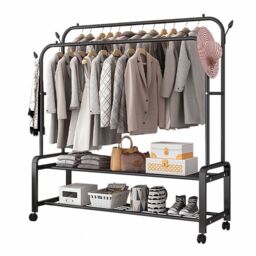 Living and Home 2-Rod Clothes Rack Garment Holder with Wheels & 2-tier Storage Shelf in Black - thumbnail 9
