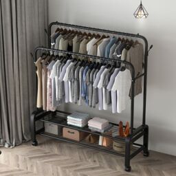 Living and Home 2-Rod Clothes Rack Garment Holder with Wheels & 2-tier Storage Shelf in Black - thumbnail 3