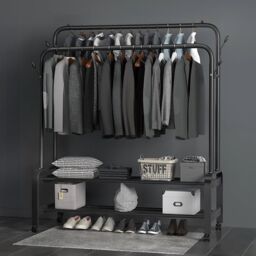 Living and Home 2-Rod Clothes Rack Garment Holder with Wheels & 2-tier Storage Shelf in Black - thumbnail 6