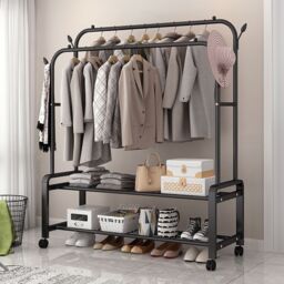 Living and Home 2-Rod Clothes Rack Garment Holder with Wheels & 2-tier Storage Shelf in Black