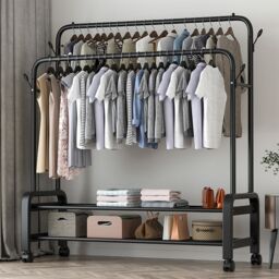 Living and Home 2-Rod Clothes Rack Garment Holder with Wheels & 2-tier Storage Shelf in Black - thumbnail 4