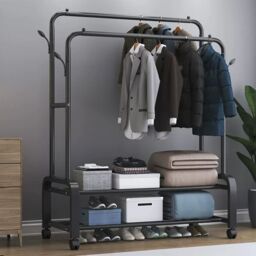 Living and Home 2-Rod Clothes Rack Garment Holder with Wheels & 2-tier Storage Shelf in Black - thumbnail 2