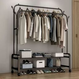 Living and Home 2-Rod Clothes Rack Garment Holder with Wheels & 2-tier Storage Shelf in Black - thumbnail 5