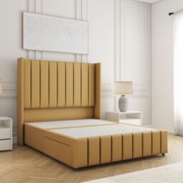 "BSSPOKE Zoe Divan Bed Plush Velvet 54"" Headboard & No Mattress No Drawers in Mustard - Size: Small Double" - thumbnail 1