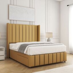 "BSSPOKE Zoe Divan Bed Plush Velvet 54"" Headboard & No Mattress No Drawers in Mustard - Size: Small Double" - thumbnail 2