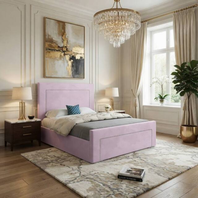 KDMD Lyminge Upholstered Pink Soft Velvet Designer Bed Frame - Size: Single - image 1