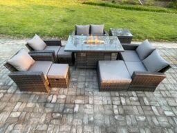 Fimous Outdoor Garden Furniture Sets 9 Pieces Wicker Rattan Furniture Gas Firepit Dining Table Sofa Set with 3 Footstools in Dark Grey - thumbnail 1