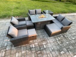Fimous Outdoor Garden Furniture Sets 9 Pieces Wicker Rattan Furniture Gas Firepit Dining Table Sofa Set with 3 Footstools in Dark Grey - thumbnail 2