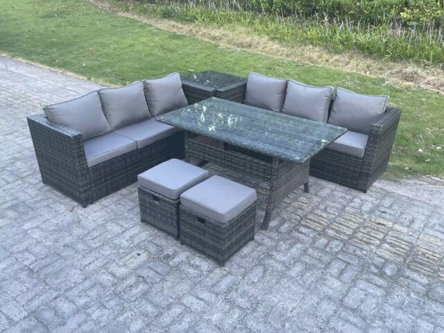 Fimous Outdoor Garden Furniture Set Patio Rattan Rectangular Table Lounge Sofa 8 Seater in Dark Grey - image 1